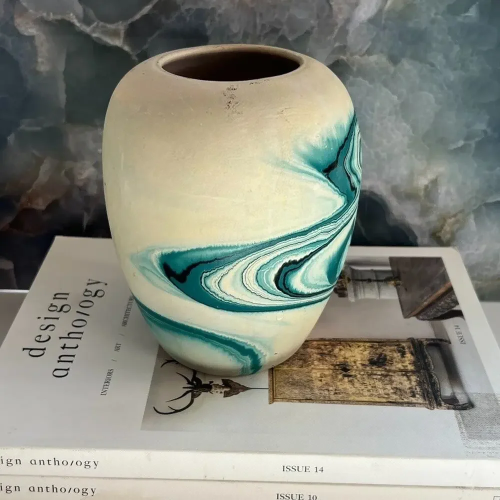 Nemadji Vase Pottery 6.5 x 5 in Round Ivory & Blue Swirl Hand Painted